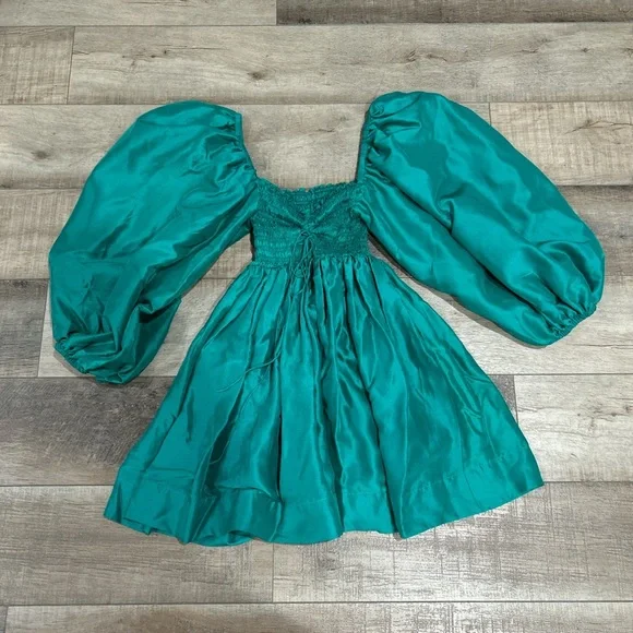 AZEEZA Rey silk puff sleeve mini dress in forest green NWT